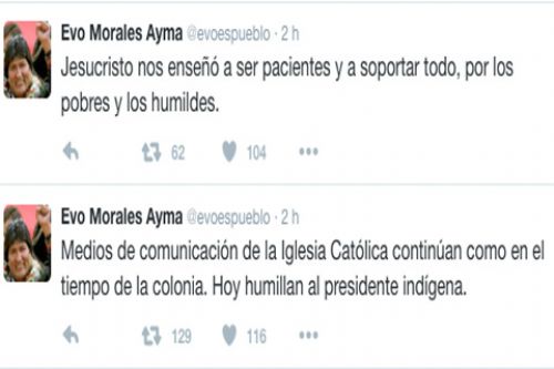 Evo Morales dice que los medios católicos lo humillan por ser indígena