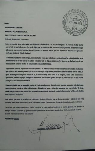 Gabriela Zapata envía carta a Ministro Quintana, si algo me sucede el responsable eres tú