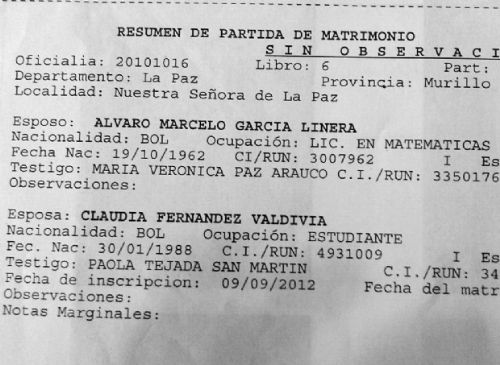 Álvaro García Linera figura como licenciado en su certificado de matrimonio